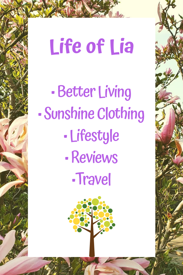 A pink floral background with a white rectangle and purple writing that reads "Life of Lia" and then a list of what to expect from the blog including "Better Living, Sunshine Clothing, Lifestyle, Reviews and Travel" and a green image of a tree.